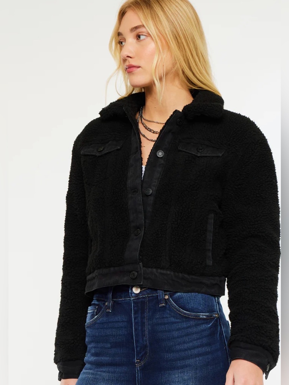 NWT KanCan Monet Cropped Sherpa Jacket Black XL